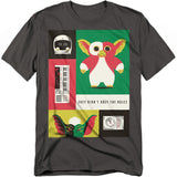 Gray t-shirt with colorful graphic design featuring a character and text on a white background