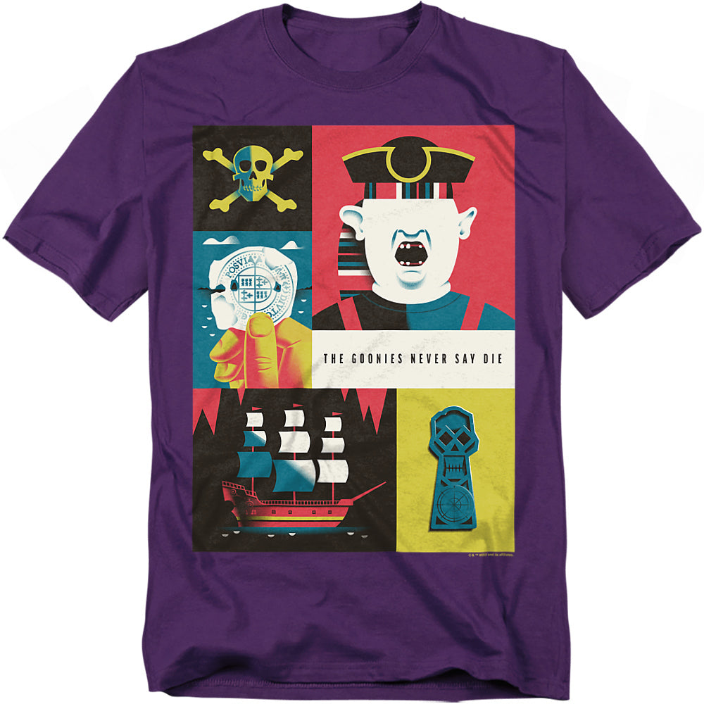 Purple t-shirt with colorful graphic design featuring a bear, ship, and other elements on a white background.