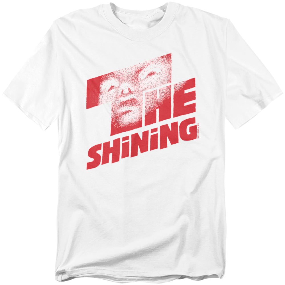 White t-shirt with bold red text reading “The Shining,” featuring a haunting face blended into the typography for a creepy horror effect.