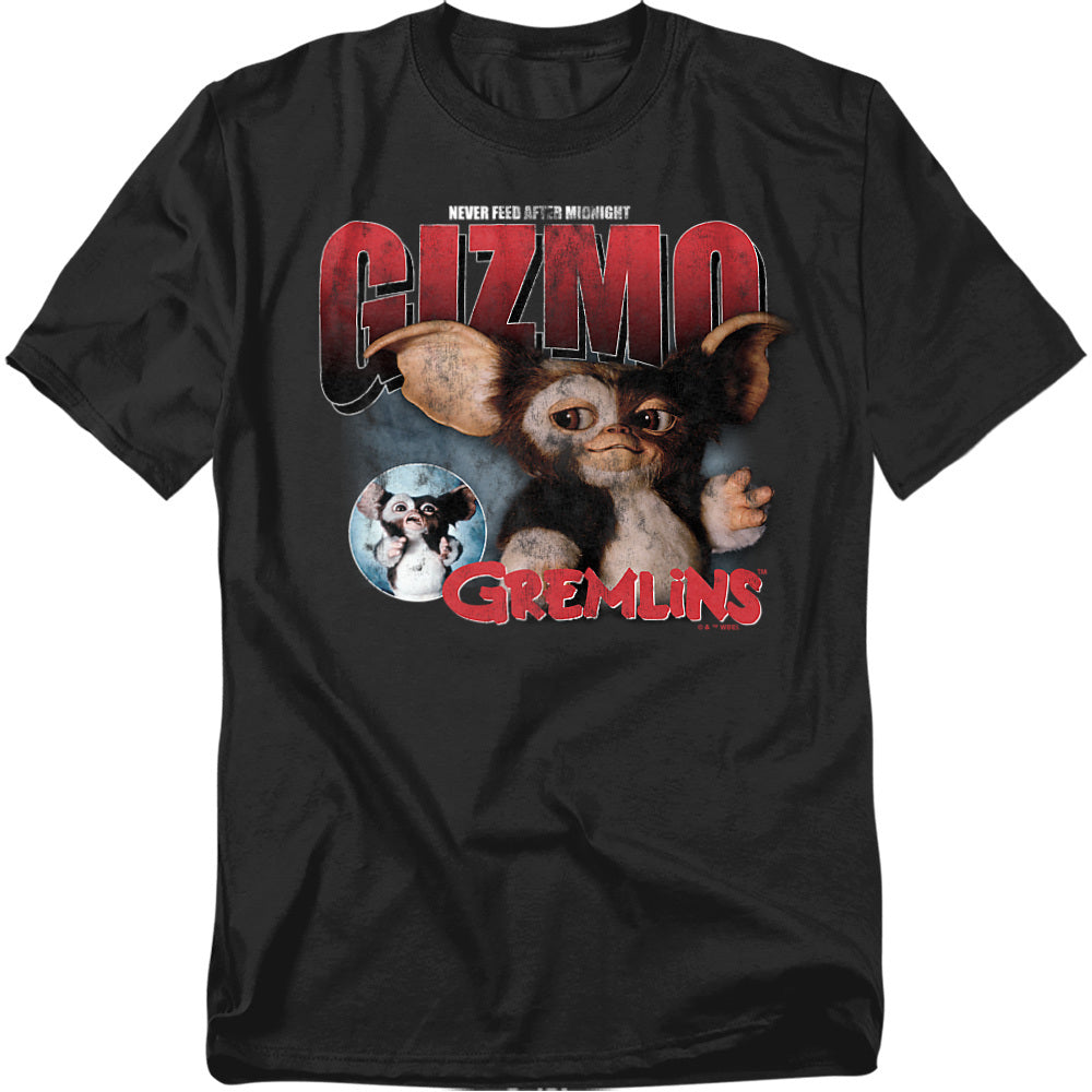 Black t-shirt with Gizmo from Gremlins graphic design on a white background