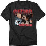 Black t-shirt with Gizmo from Gremlins graphic design on a white background