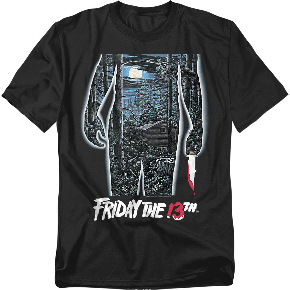Black t-shirt with 'Friday the 13th' graphic design featuring hands holding a cabin in the woods.