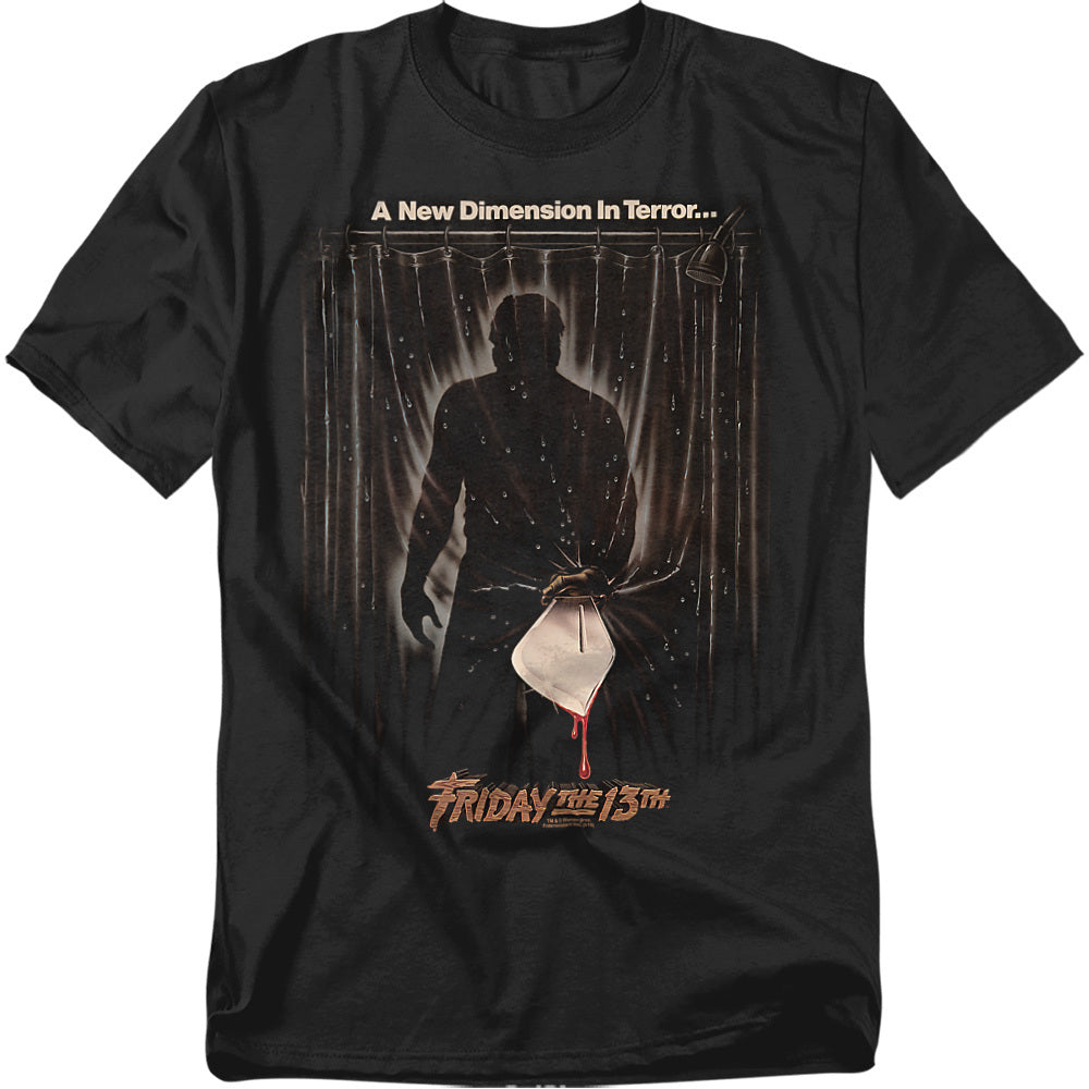 Black t-shirt with 'Friday the 13th' graphic design featuring a silhouette and text.