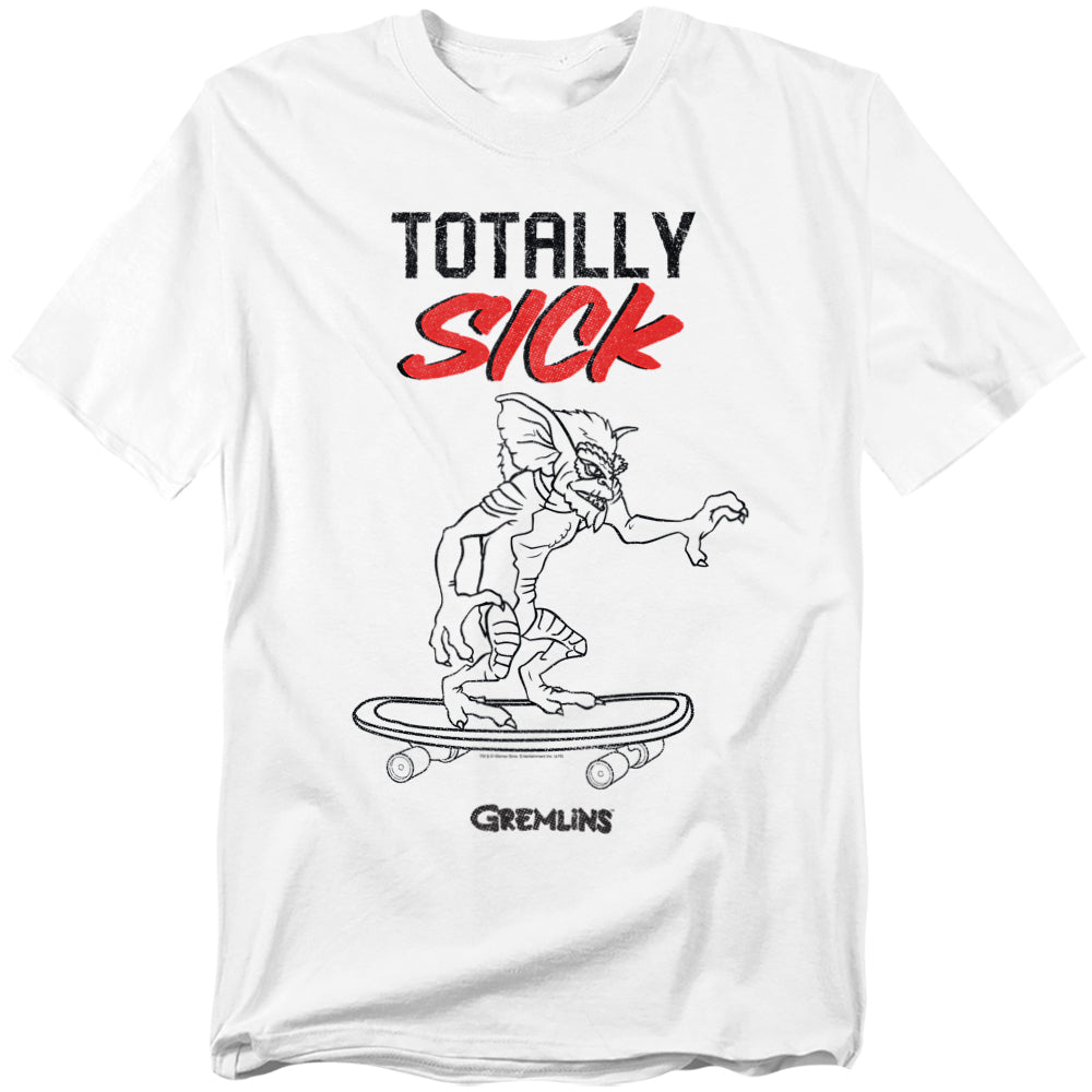 White t-shirt with 'Totally Sick' and Gremlins graphic on a white background