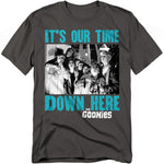 T-shirt with 'It's Our Time Down Here' text and Goonies graphic on a white background