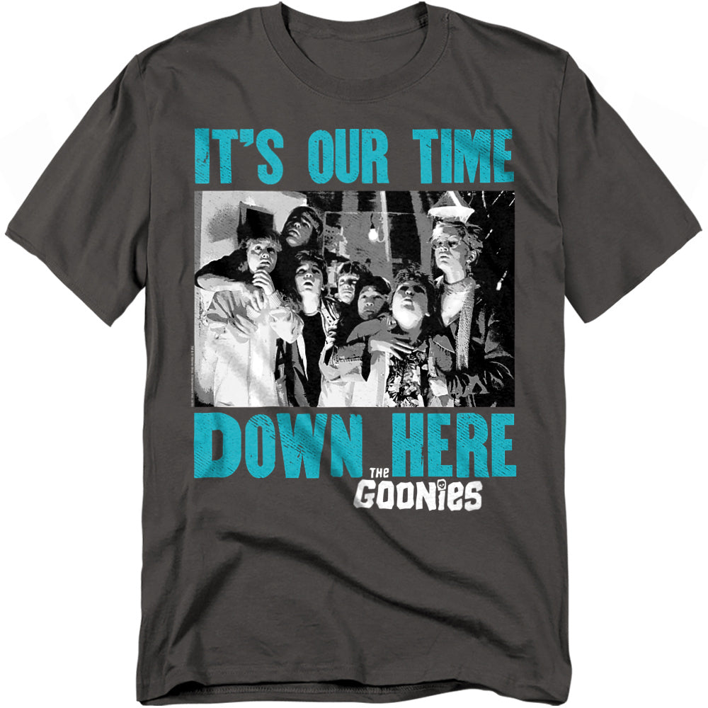 T-shirt with 'It's Our Time Down Here' text and Goonies graphic on a white background