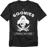 Black t-shirt with white skull design and 'Goonies Never Say Die' text on a white background