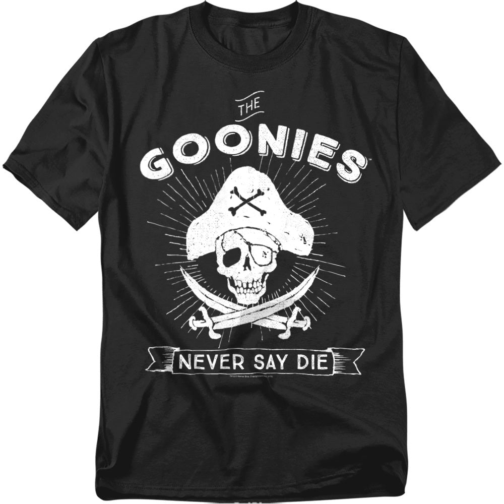 Black t-shirt with white skull design and 'Goonies Never Say Die' text on a white background