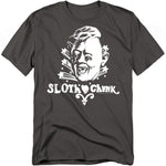 Black t-shirt with a graphic design and text on a white background