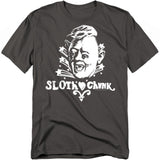 Black t-shirt with a graphic design and text on a white background