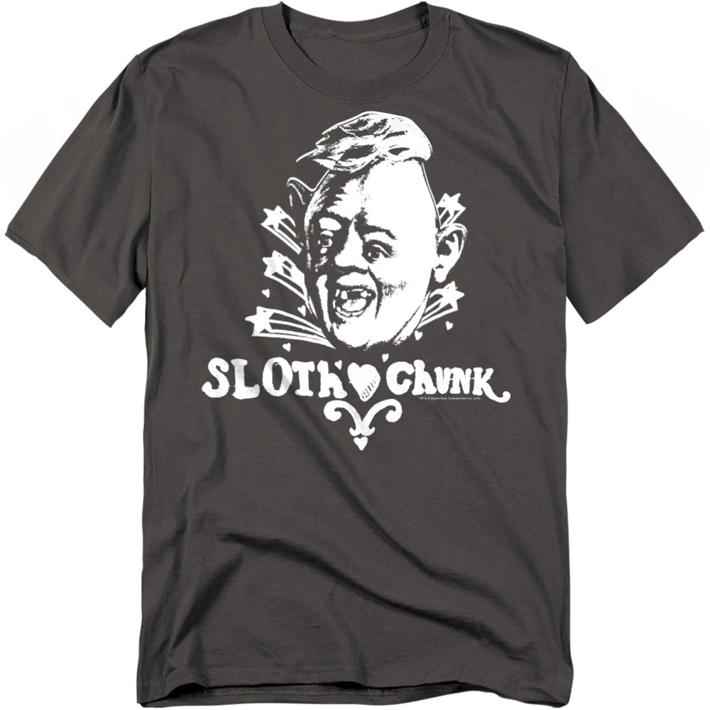 Black t-shirt with a graphic design and text on a white background