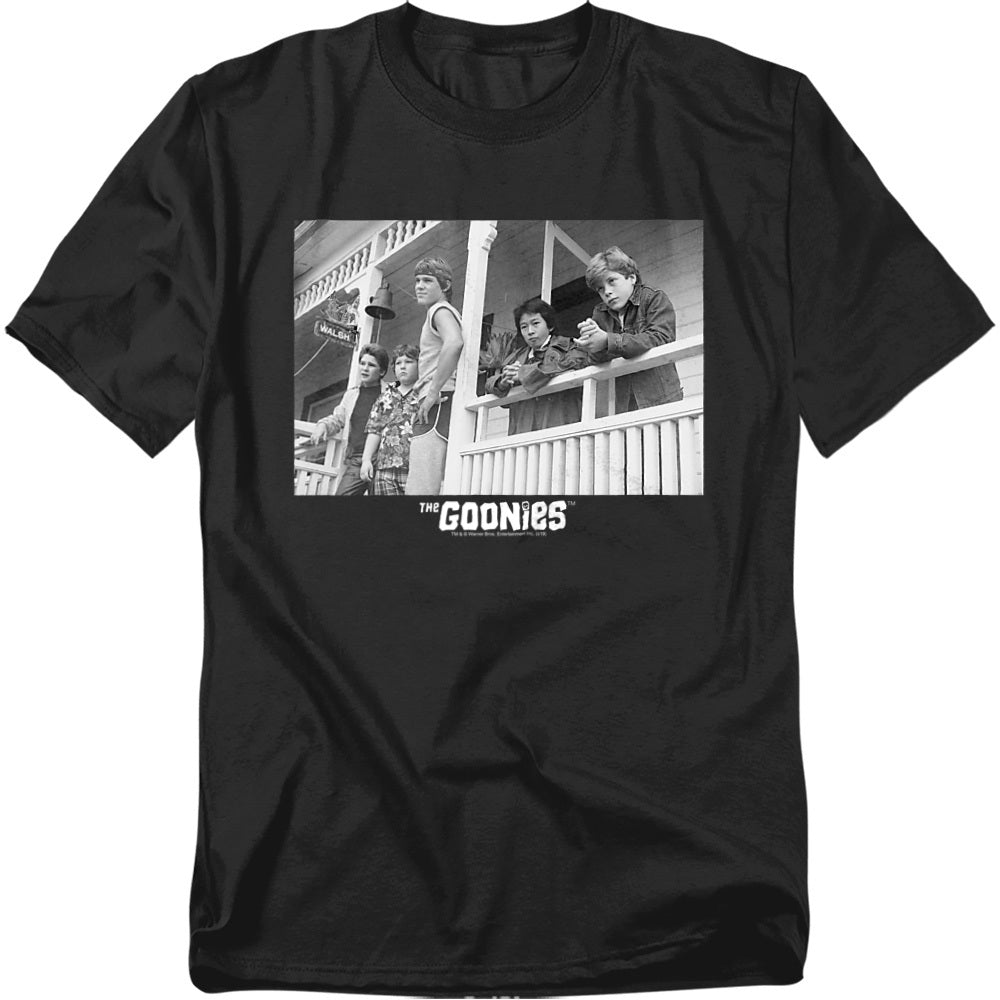 Black t-shirt with a graphic of 'The Goonies' movie poster on a white background