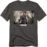 Black t-shirt with a graphic of a character from 'The Goonies' on a white background