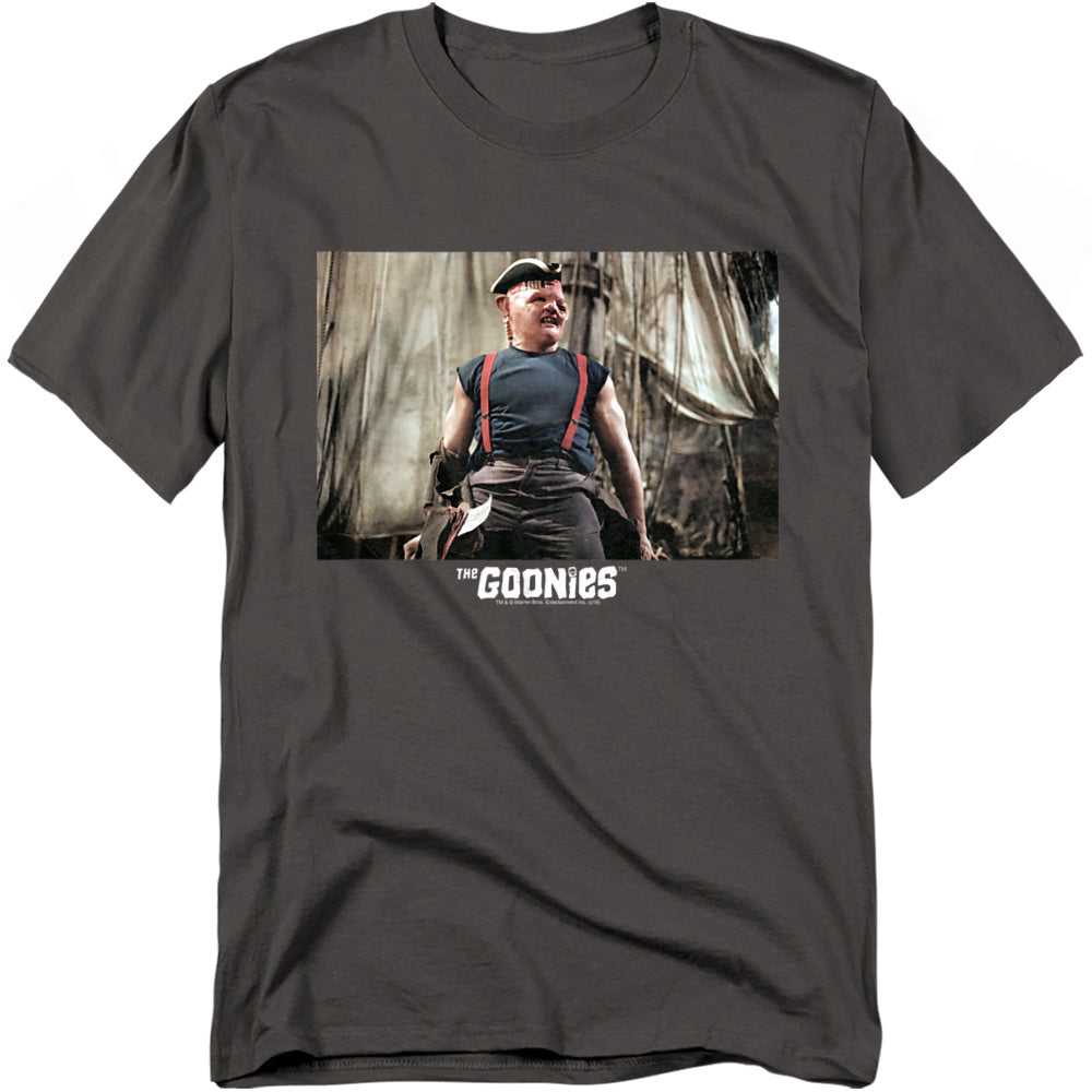 Black t-shirt with a graphic of a character from 'The Goonies' on a white background