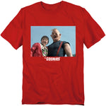 Red t-shirt with a graphic of two people and 'The Goonies' text on a white background