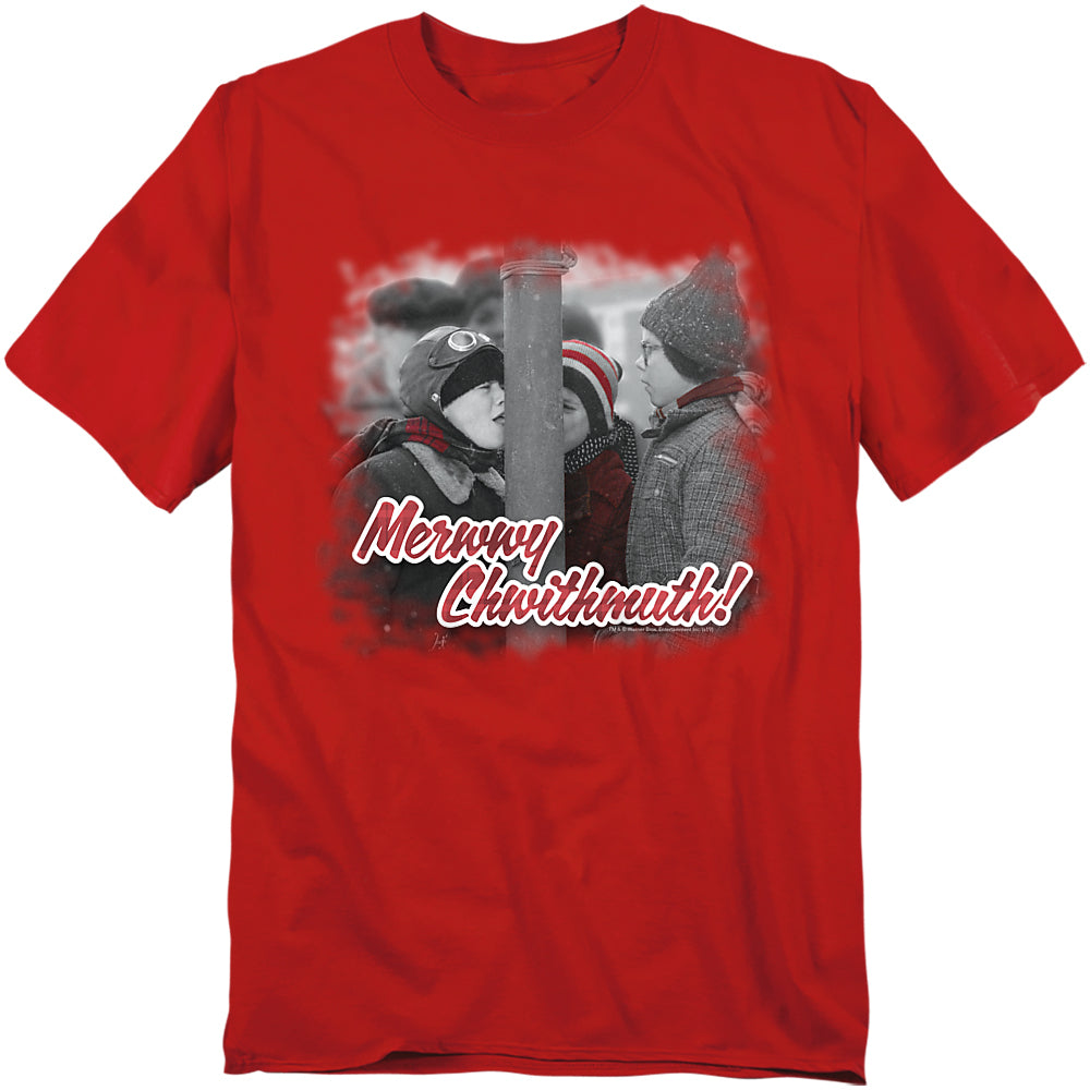 Red T-shirt featuring Flick’s tongue stuck to a frozen pole with “Merrwy Chwithmuth!” text.