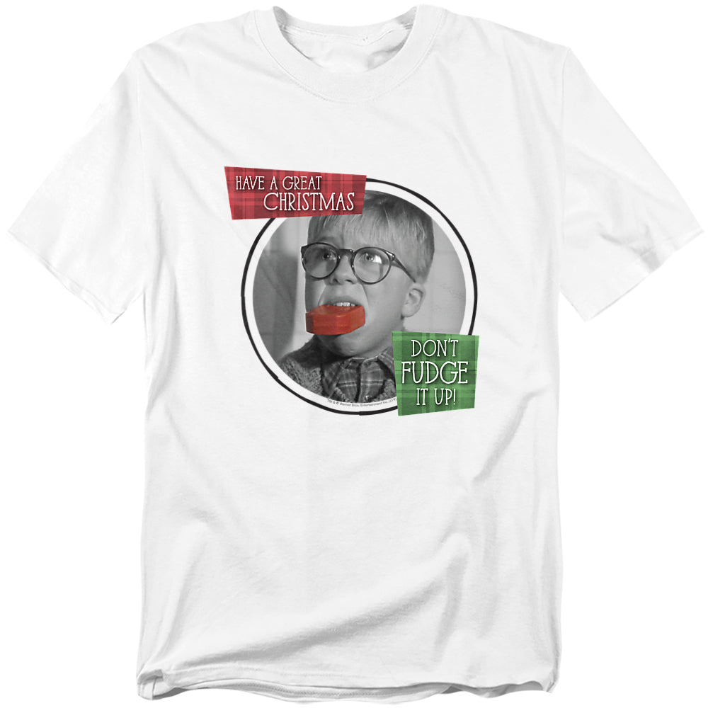 White T-shirt featuring Ralphie with a red bar of soap in his mouth and the text “Have a Great Christmas” and “Don’t Fudge It Up.”