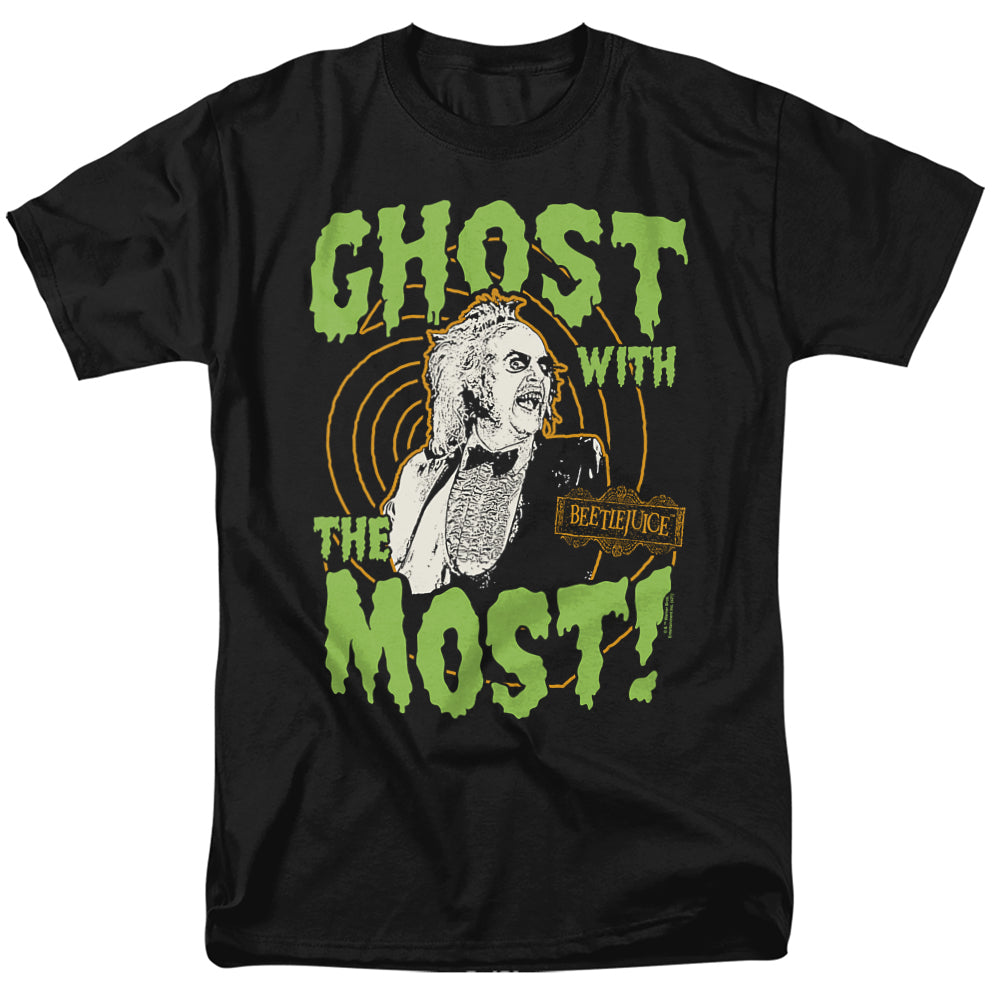 Black t-shirt featuring Beetlejuice with green dripping text reading “Ghost With the Most” and a Beetlejuice sign in orange.