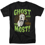 Black t-shirt featuring Beetlejuice with green dripping text reading “Ghost With the Most” and a Beetlejuice sign in orange.