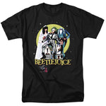 Black t-shirt featuring Beetlejuice, Lydia, Adam, and Barbara in front of a glowing moon with the Beetlejuice logo below.