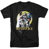 Black t-shirt featuring Beetlejuice, Lydia, Adam, and Barbara in front of a glowing moon with the Beetlejuice logo below.
