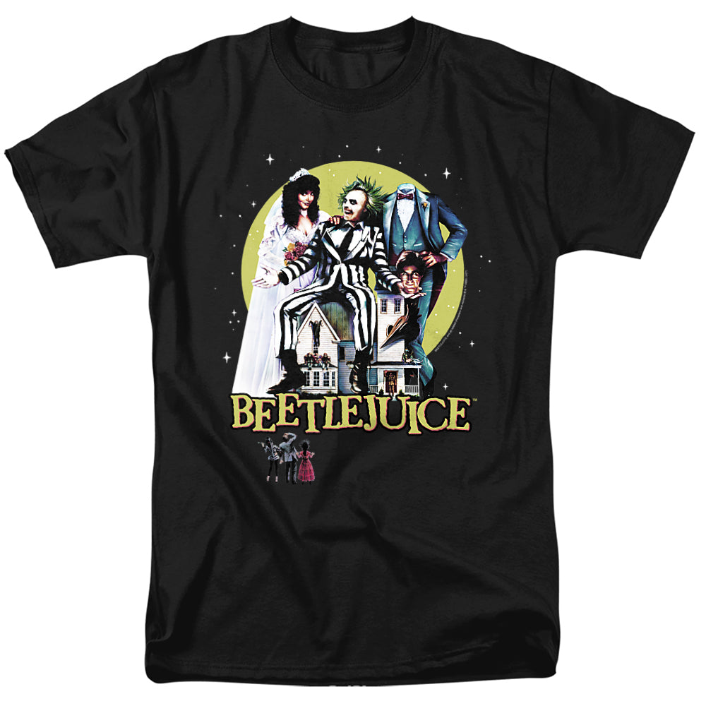 Black t-shirt featuring Beetlejuice, Lydia, Adam, and Barbara in front of a glowing moon with the Beetlejuice logo below.