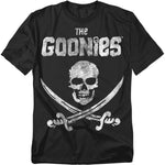 Black t-shirt with The Goonies logo and a distressed white skull graphic over crossed pirate swords.