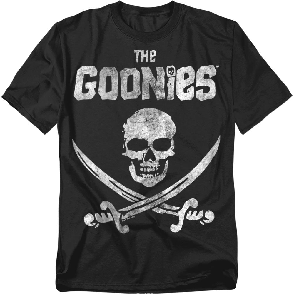 Black t-shirt with The Goonies logo and a distressed white skull graphic over crossed pirate swords.