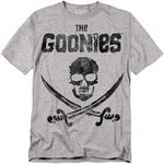 Gray t-shirt with 'The Goonies' logo featuring a skull and crossed swords on a white background.