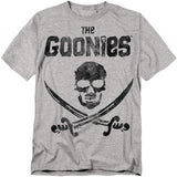 Gray t-shirt with 'The Goonies' logo featuring a skull and crossed swords on a white background.