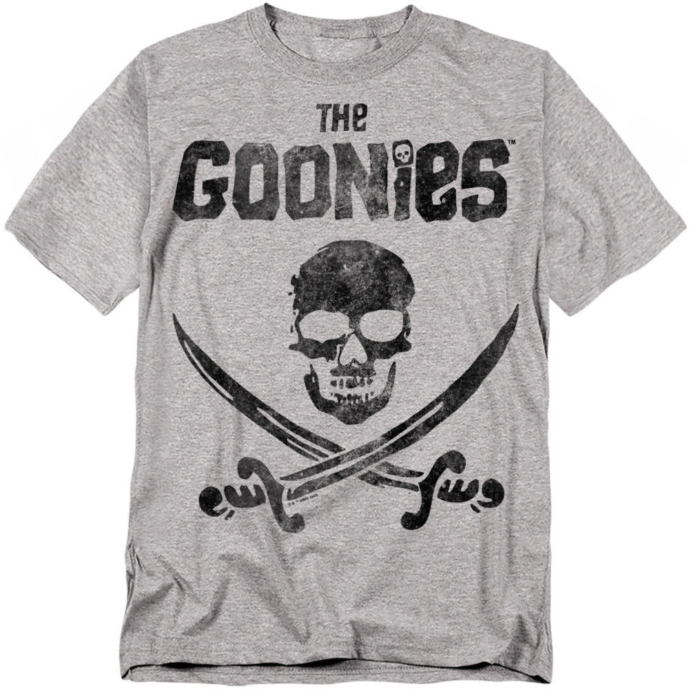 Gray t-shirt with 'The Goonies' logo featuring a skull and crossed swords on a white background.