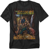 Black t-shirt with 'The Goonies' movie poster design featuring the group and iconic text.