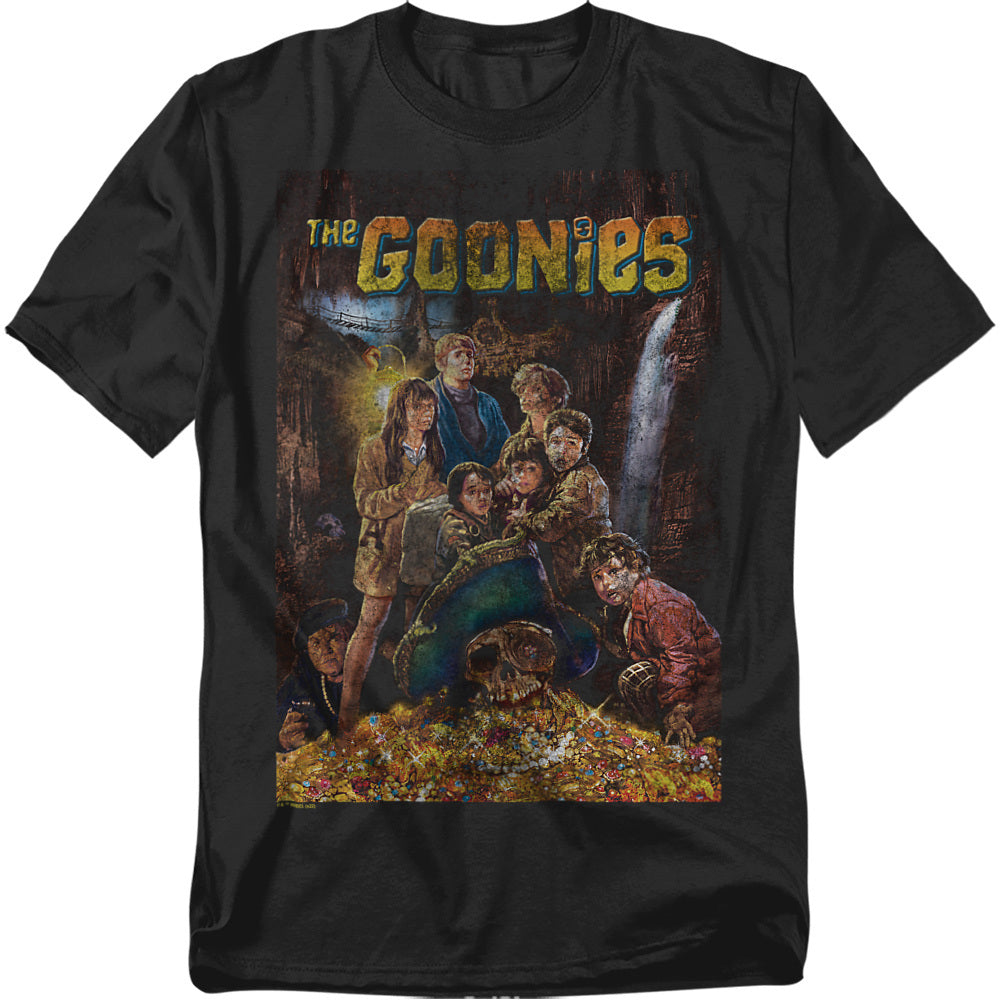 Black t-shirt with 'The Goonies' movie poster design featuring the group and iconic text.