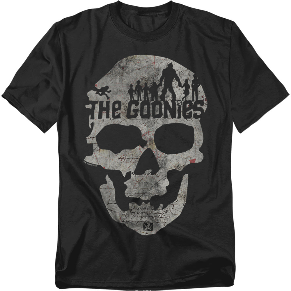 Black t-shirt featuring a distressed skull graphic made from a treasure map with silhouettes of The Goonies characters and Sloth above.