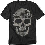 Black t-shirt featuring a distressed skull graphic made from a treasure map with silhouettes of The Goonies characters and Sloth above.