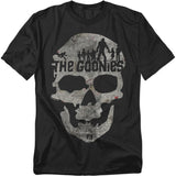 Black t-shirt featuring a distressed skull graphic made from a treasure map with silhouettes of The Goonies characters and Sloth above.