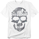 White t-shirt featuring a distressed skull graphic made from a treasure map with silhouettes of The Goonies characters and Sloth across the top.