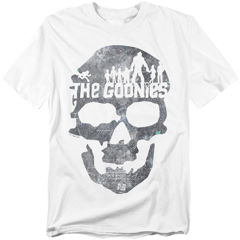 White t-shirt featuring a distressed skull graphic made from a treasure map with silhouettes of The Goonies characters and Sloth across the top.