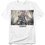 White t-shirt with a graphic of a character from 'The Goonies' on a white background