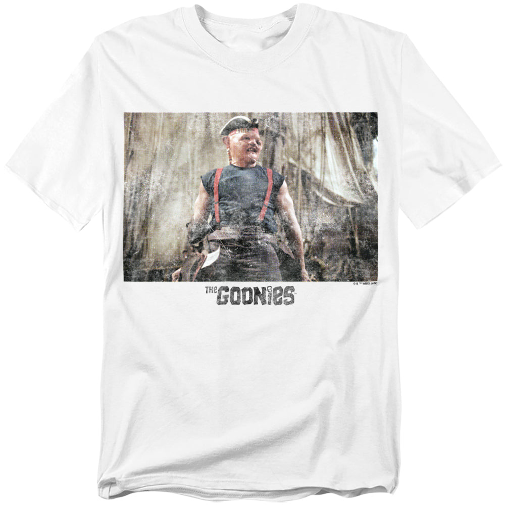 White t-shirt with a graphic of a character from 'The Goonies' on a white background