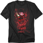Black t-shirt with red graphic design of a character holding a knife, labeled 'A Nightmare on Elm Street'.