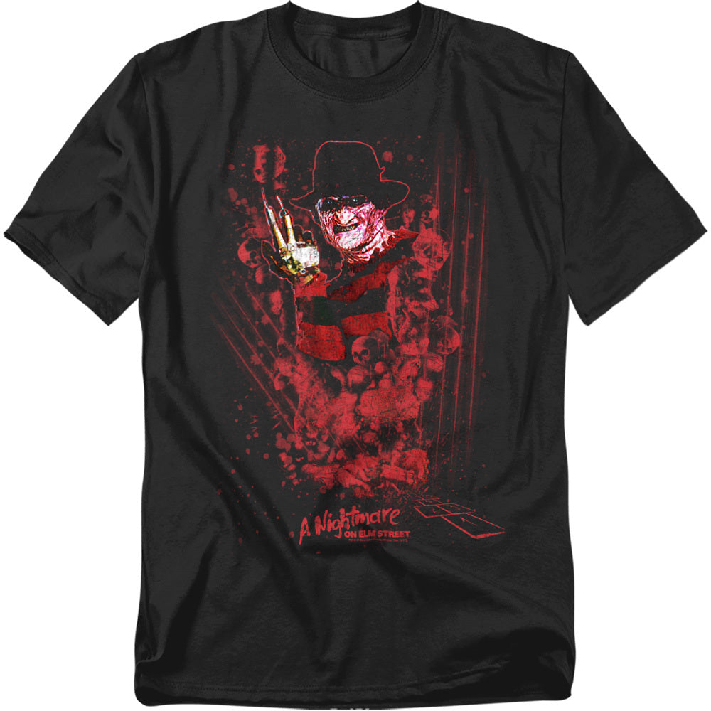 Black t-shirt with red graphic design of a character holding a knife, labeled 'A Nightmare on Elm Street'.