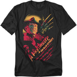 Black A Nightmare on Elm Street t-shirt featuring Freddy Krueger in red and yellow distressed artwork with claw slash marks.