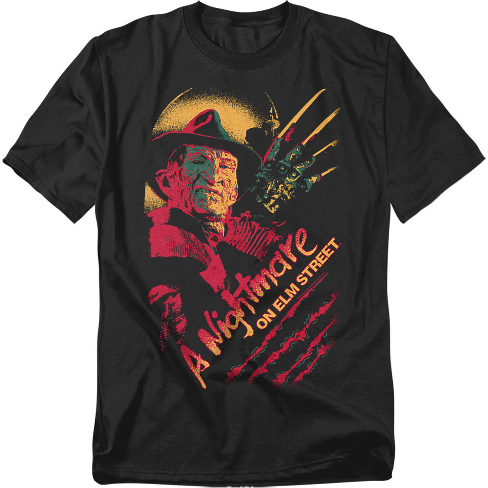 Black A Nightmare on Elm Street t-shirt featuring Freddy Krueger in red and yellow distressed artwork with claw slash marks.