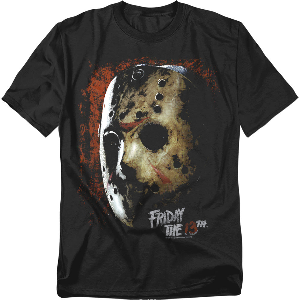 Black t-shirt with a graphic of a mask and 'Friday the 13th' text on
