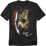 Black t-shirt with a graphic of a mask and 'Friday the 13th' text on
