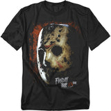 Black t-shirt with a graphic of a mask and 'Friday the 13th' text on