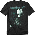Black t-shirt with 'Friday the 13th' graphic design featuring a masked character holding an axe.