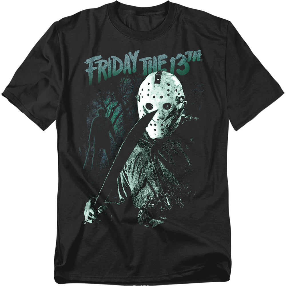 Black t-shirt with 'Friday the 13th' graphic design featuring a masked character holding an axe.