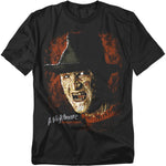 Black t-shirt with a graphic design of a iconic character from 'A Nightmare on Elm Street' on a white background.